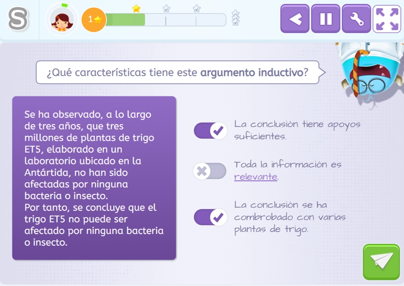 Ejercicio de Smartick con el que se trabajan las características de un argumento inductivo para evitar los sesgos cognitivos