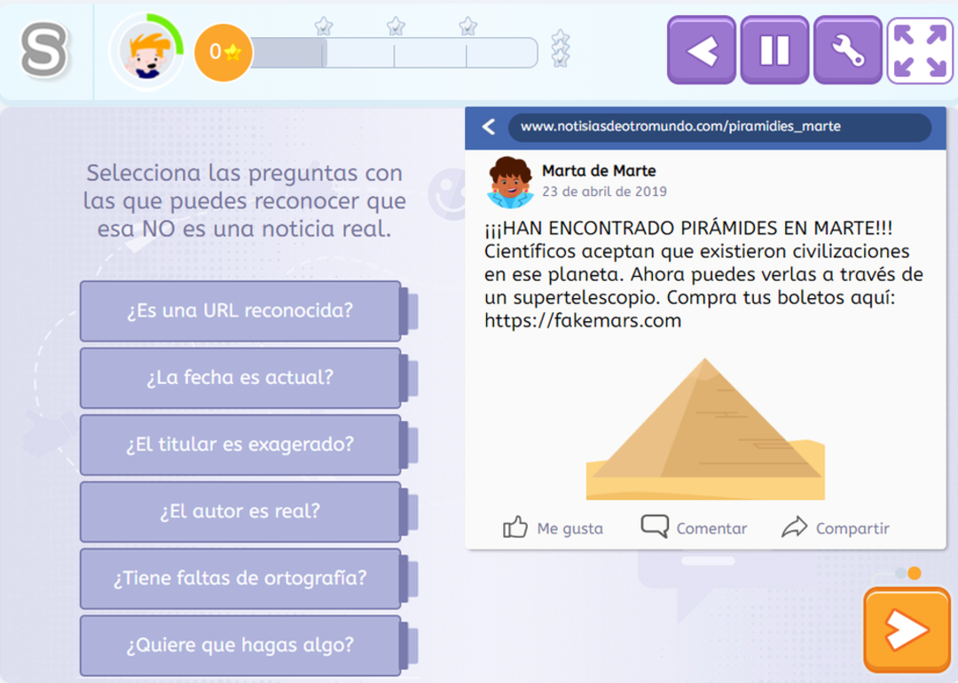 Ejercicio de Smartick con preguntas que ayudan a detectar fake news