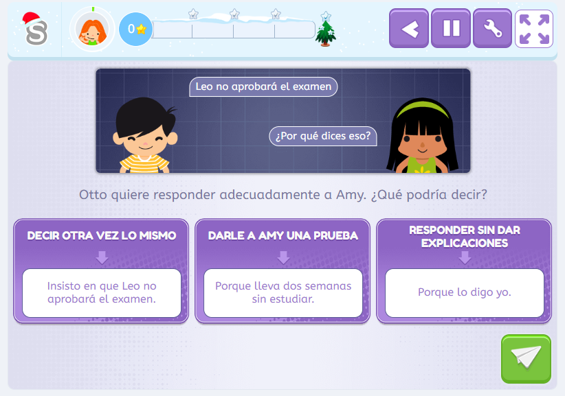 Ejercicio de Smartick para trabajar la noción de compromiso en diferentes tipos de diálogo.