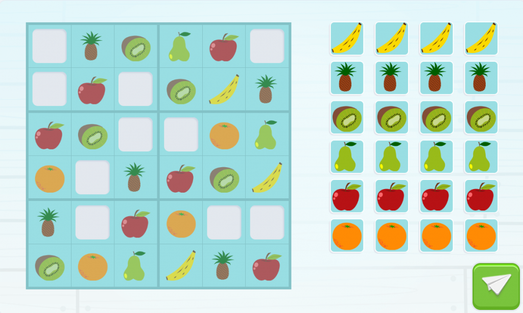 Ejemplo de sudokus en una cuadrícula de 6 por 6 a rellenar por 6 tipos de fruta.