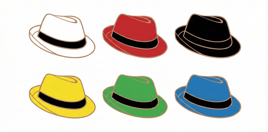 Seis sombreros iguales solor blanco, amarillo rojo, verde, negro y azul