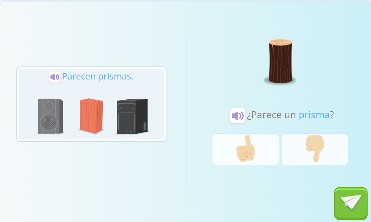 Un ejercicio con ejemplos de objetos de la vida real que se parecen a prismas (un altavoz, un ladrillo, una una CPU) y se pregunta si un tronco de árbol cortado es un prisma.