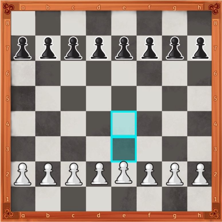 Cada peón colocado en su posición inicial, se marca en azul una y dos casillas hacia delante de un peón.