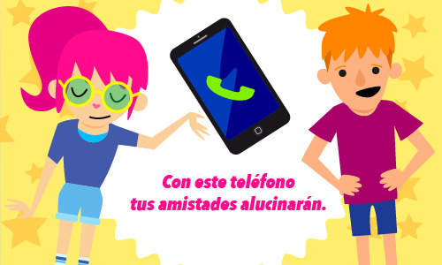 Persuasión en la publicidad. Anuncio con dos jóvenes y un móvil que dice: Con teléfono tus amistades alucinarán.