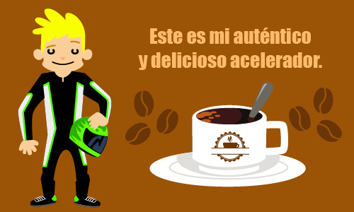 Persuasión en la publicidad. Publicidad de un piloto de carreras de autos anunciando café, que dice "Este es mi auténtico y delicioso acelerador"