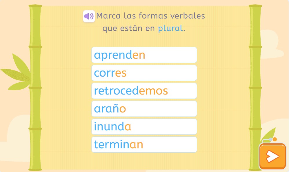 Conjugación verbal. Actividad de Smartick Lectura donde trabajamos el número de los verbos.