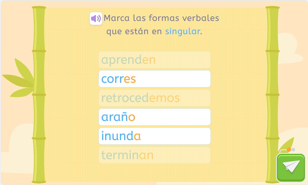 Conjugación verbal. Actividad de Smartick Lectura donde trabajamos el número de los verbos.