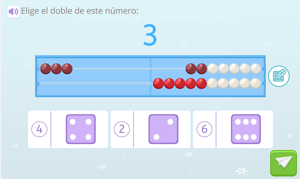 Actividades de multiplicación. Se pide marcar el doble de 3 con el apoyo de un rekenrek con 3 bolas ya colocadas