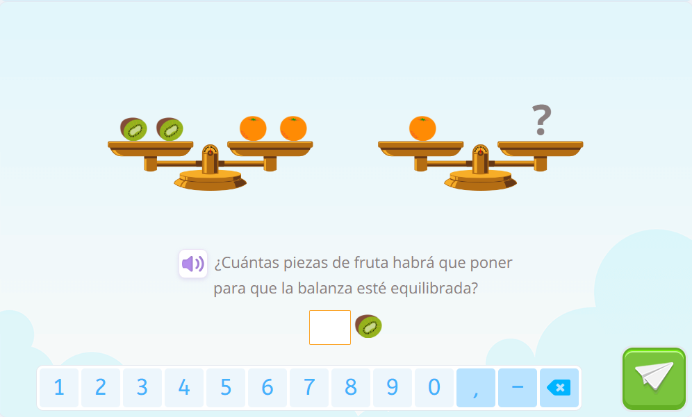 Ejercicio en el que salen dos balanzas. En una en el plato de la izquierda aparecen 2 kiwis y en el plato de la derecha 2 naranjas. En la otra balanza aparece en un plato una naranja y en el otro una interrogación. Se pregunta por cuántos kiwis hay que poner en el plato donde está la interrogación.