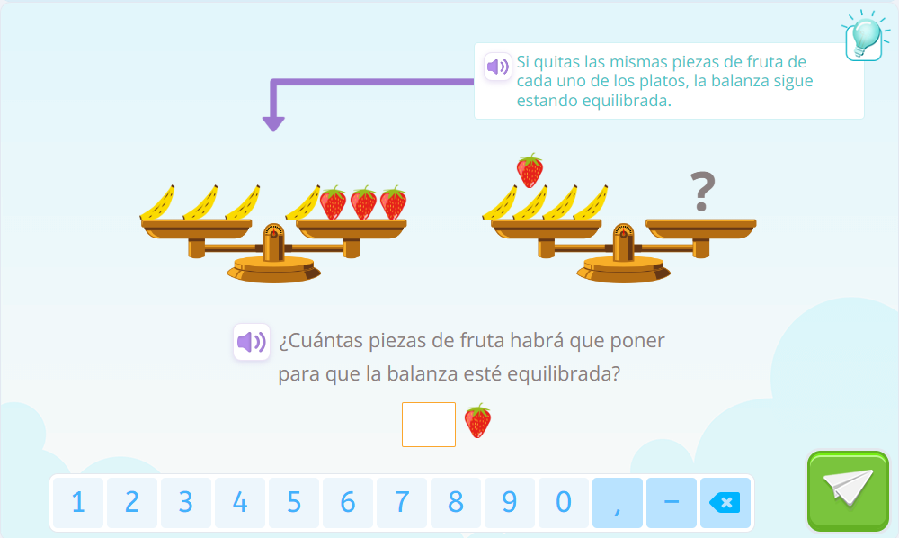 Ejercicio en el que salen dos balanzas y hay que encontrar cuántas fresas hay que poner en el plato de la derecha de una de las balanzas para que esté equilibrada.