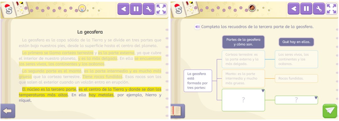 Un ejemplo de las actividades de comprensión lectora de Smartick para visualizar la estructura del texto rellenando el esquema.