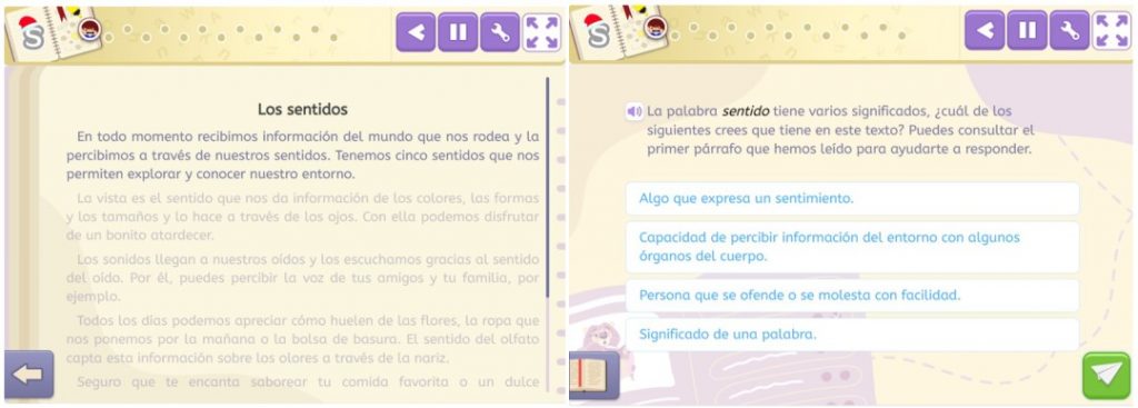 Un ejemplo de las actividades de comprensión lectora de Smartick para trabajar el vocabulario relacionado con el texto.