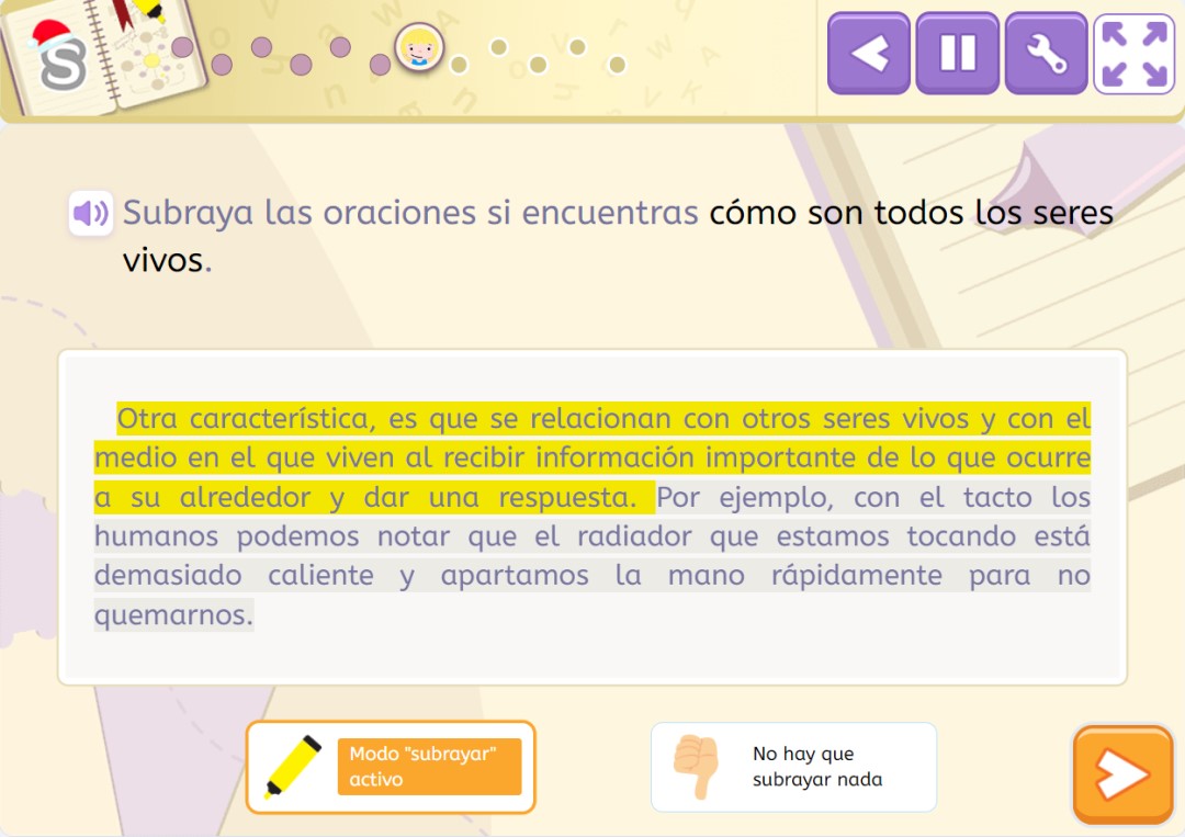 Un ejemplo de las actividades de comprensión lectora de Smartick en las que se trabaja el subrayado por oraciones. 