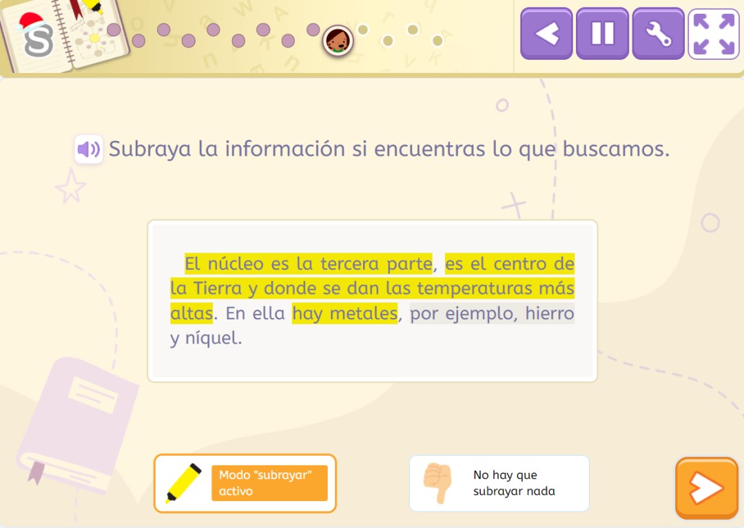 Un ejemplo de las actividades de comprensión lectora de Smartick en las que se trabaja el subrayado por grupos de palabras. 