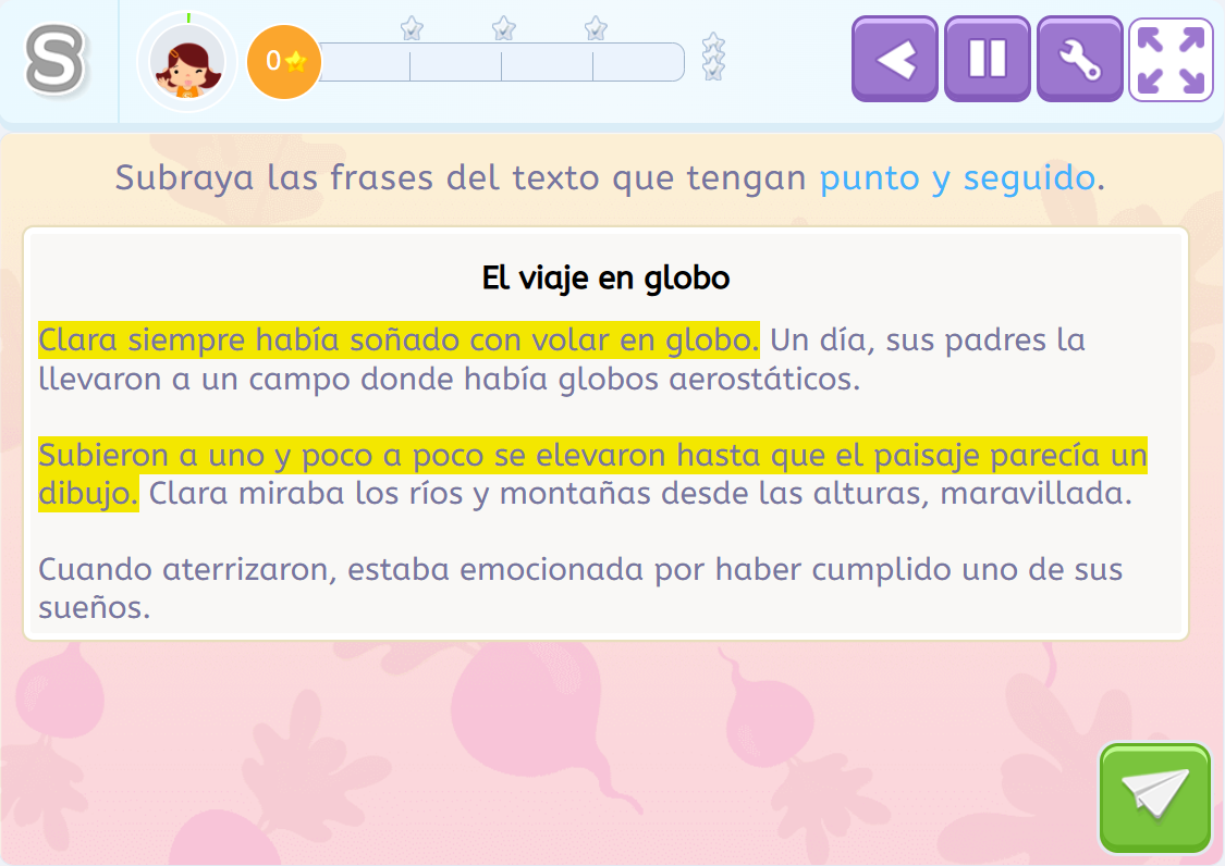 Tipos de puntos. Actividad de subrayar las oraciones en Smartick Lectura.