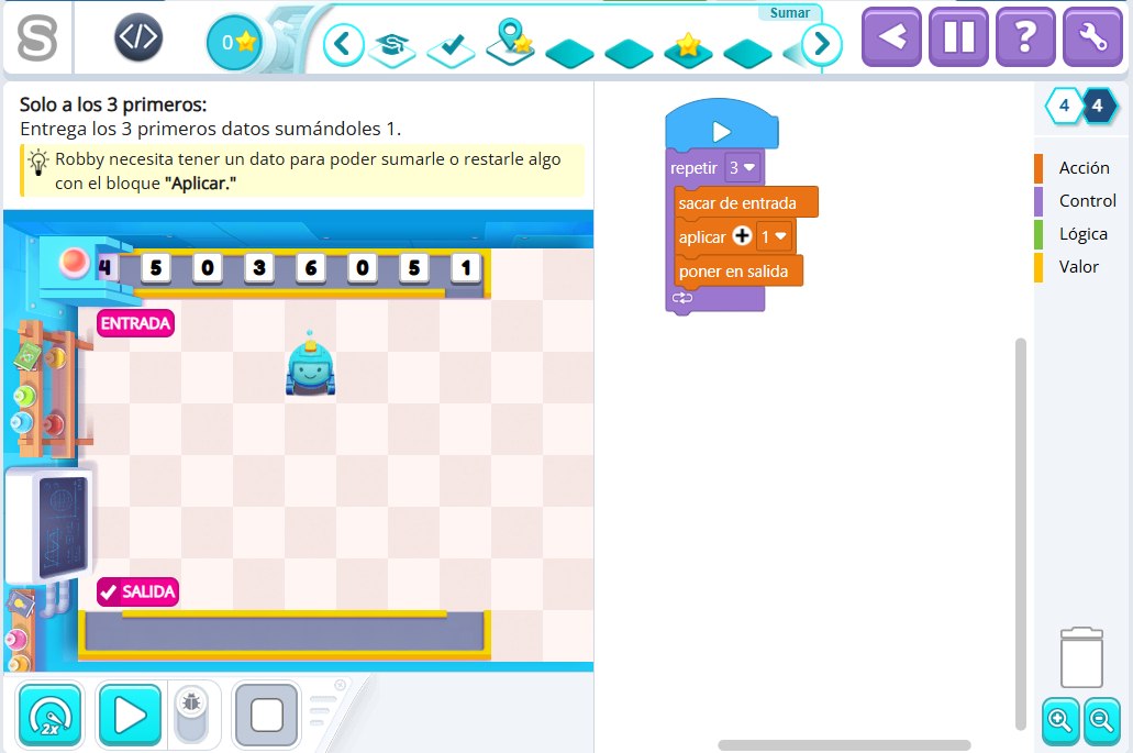 Ejercicio de programación por bloques en Smartick Coding.