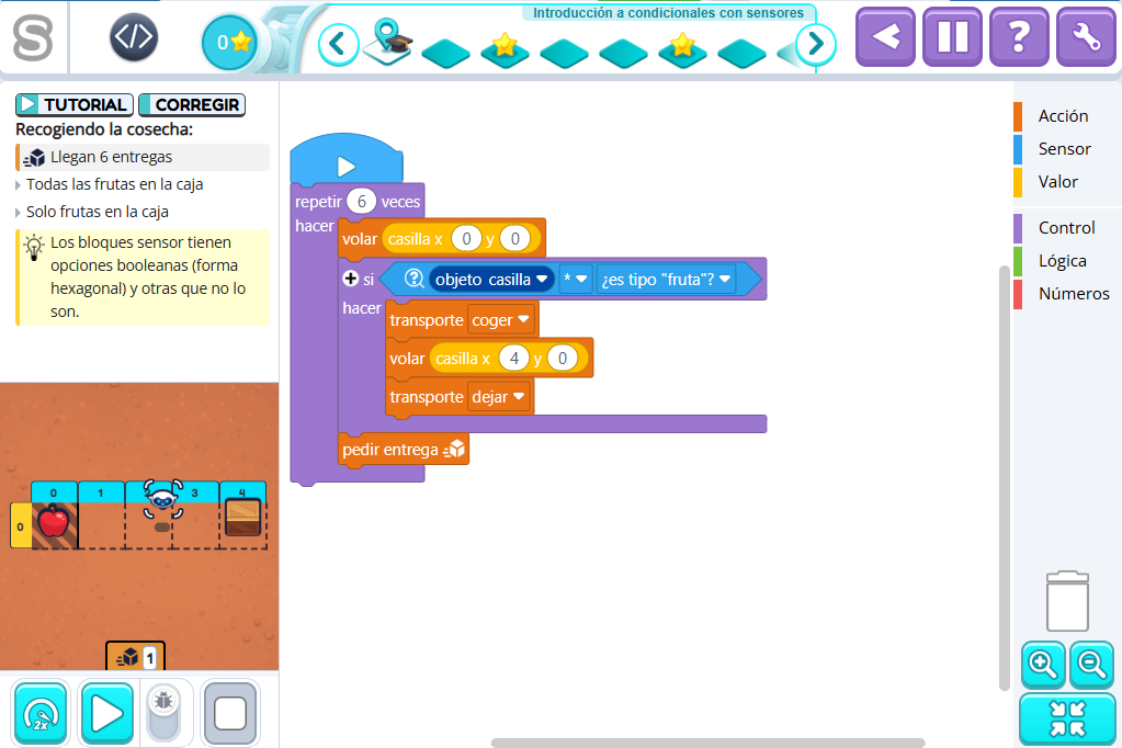 Interfaz de Smartick Coding con un ejercicio de programación por bloques para niños.