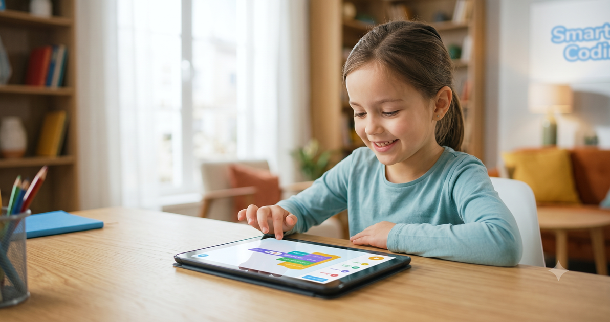 Lenguajes de programación para niños: niña concentrada con una leve sonrisa programando con bloques en una tablet