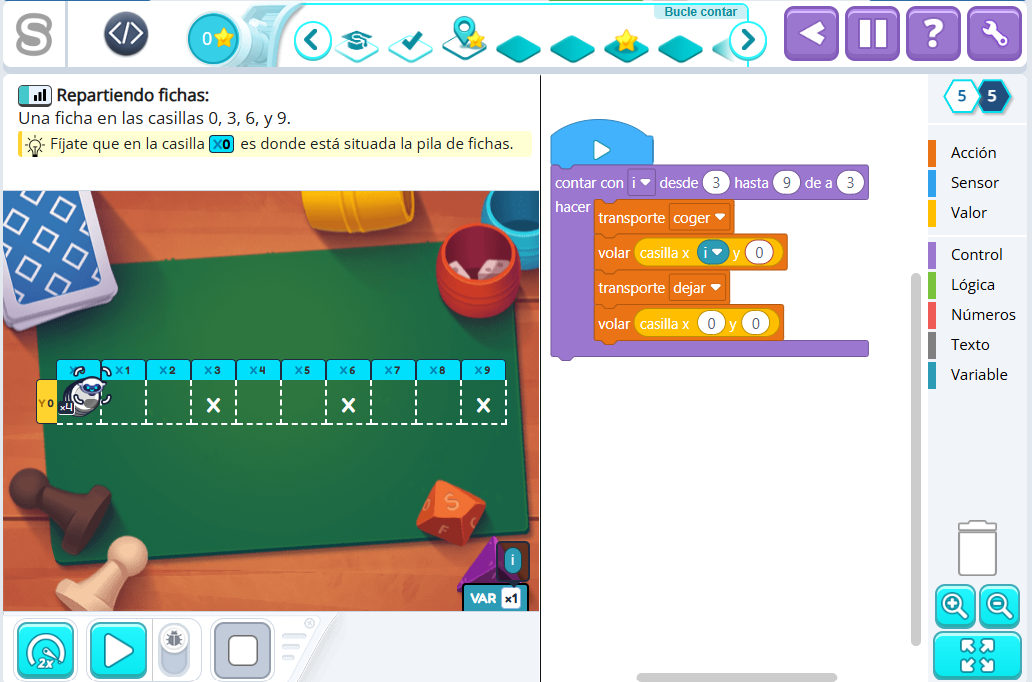 Interfaz de Smartick Coding: ejercicio interactivo de programación por bloques para niños donde se utiliza un bucle para repartir fichas.