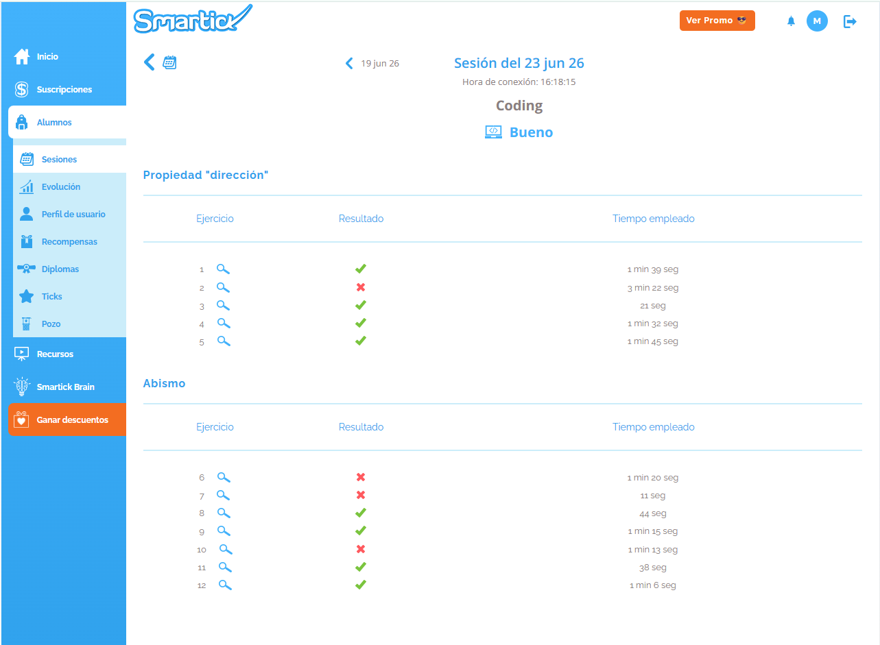Interfaz de la Web de Padres, detallando los ejercicios completados, la efectividad y el nivel de avance. Ejercicios de programación.