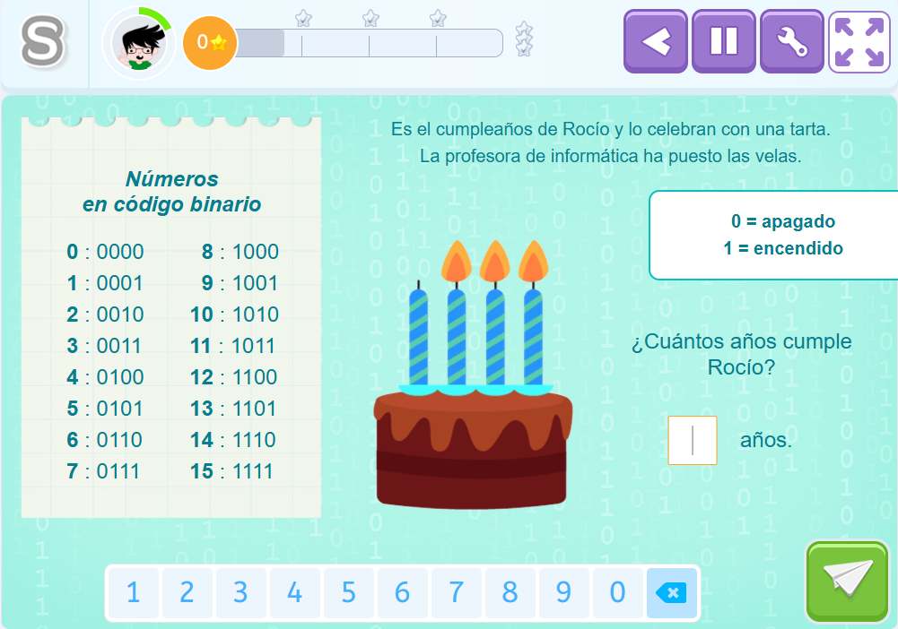 Ejercicio interactivo de Smartick Coding para aprender números en código binario con velas encendidas y apagadas.