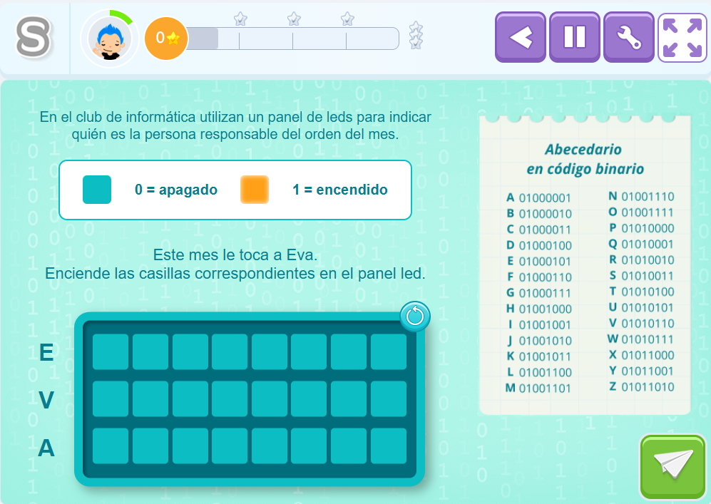 Actividad de Smartick Coding para escribir letras y nombres en código binario encendiendo un panel LED