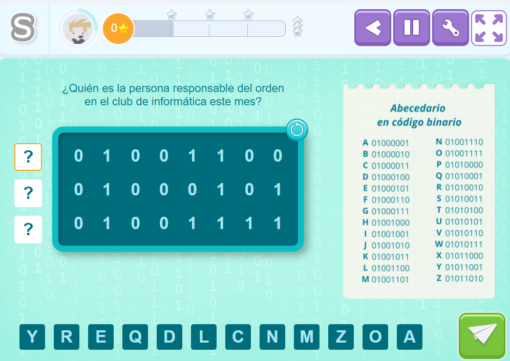 Juego de Smartick Coding para descifrar un mensaje secreto en código binario mediante la tabla de abecedario