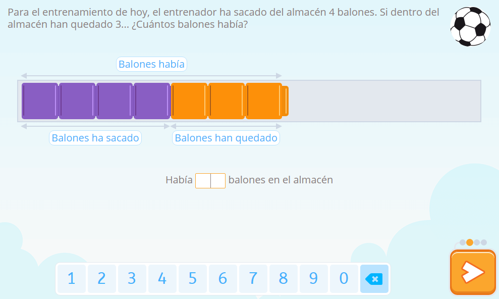 Activity in Smartick mathematics to improve the mathematical skills of children with dyscalculia, representing the statement of a mathematical problem with poly cubes.