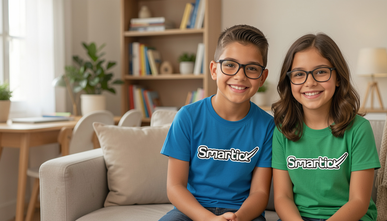 Dos niños con altas capacidades sonriendo con camisetas de Smartick